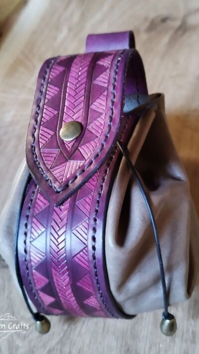 HUGE Leather Pouch "Nordic Patterns" - Purple and Grey