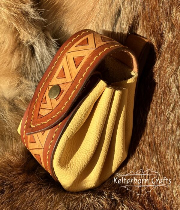 Big Leather Pouch "Triangles" - Brown and Yellow