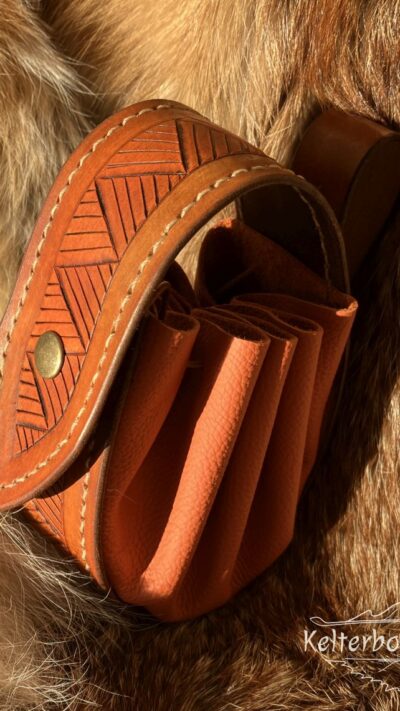 Big Leather Pouch "Nordic Triangles" - Brown and Orange