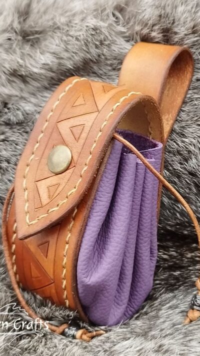 Small Leather Pouch "Triangles" - Brown and Violet