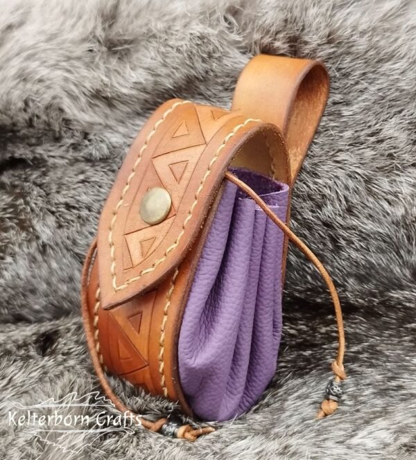 Small Leather Pouch "Triangles" - Brown and Violet