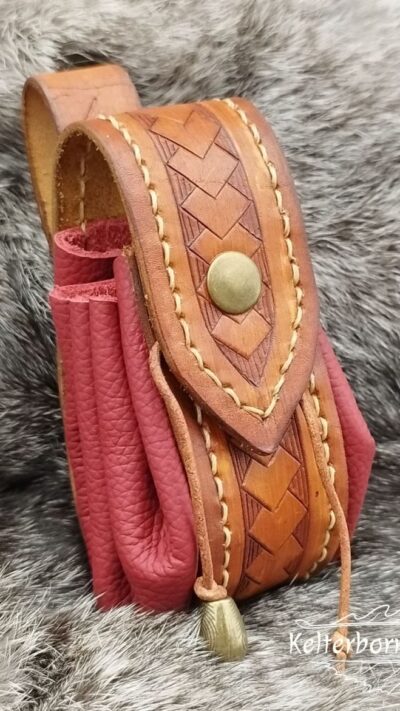 Small Leather Pouch "Geometric" - Brown and Red