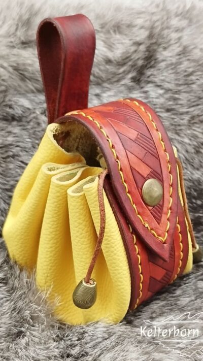 Medium Sized Leather Pouch "Geometry" - Brown and Yellow