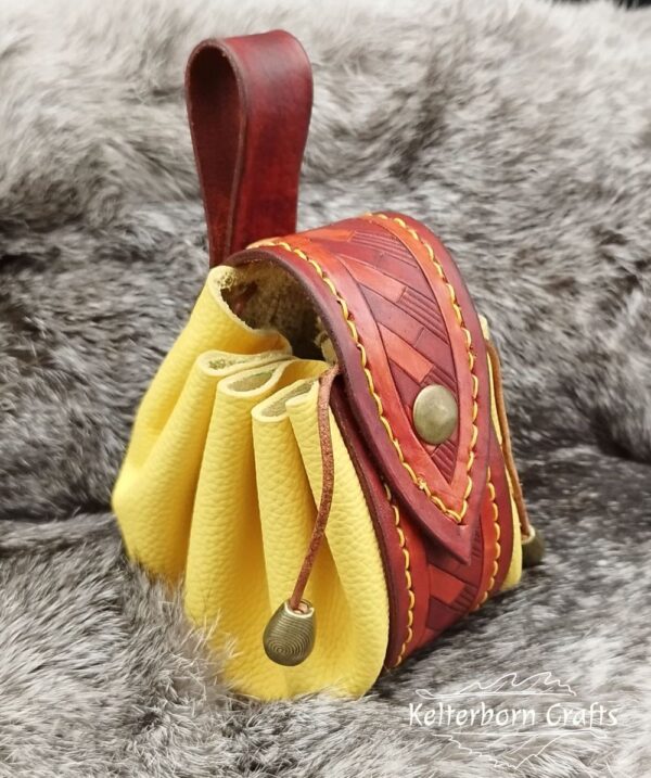 Medium Sized Leather Pouch "Geometry" - Brown and Yellow