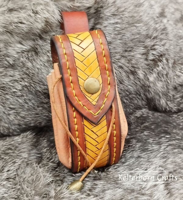 Small Leather Pouch "Fishbone" - Brown, Yellow and Orange