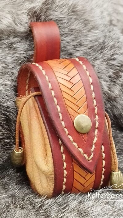 Small Leather Pouch "Fishbone" - Brown and Orange