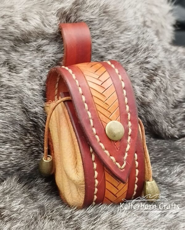 Small Leather Pouch "Fishbone" - Brown and Orange