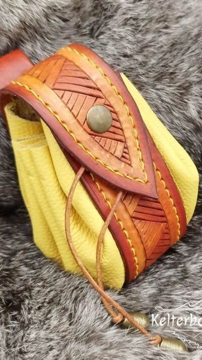 Medium Sized Leather Pouch "Nordic Triangles" - Brown and Yellow