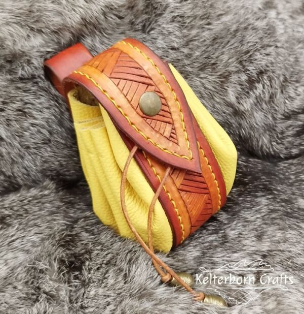 Medium Sized Leather Pouch "Nordic Triangles" - Brown and Yellow