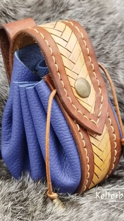 Small Leather Pouch "Fishbone" - Brown and Blue