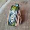 Medium Sized Leather Pouch "Oak Leaves" - Green and Beige