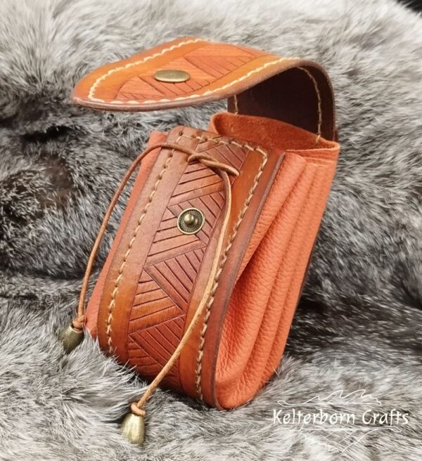 Big Leather Pouch "Nordic Triangles" - Brown and Orange