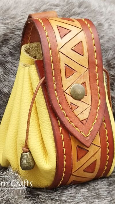 Big Leather Pouch "Triangles" - Brown and Yellow
