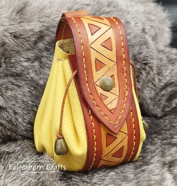Big Leather Pouch "Triangles" - Brown and Yellow