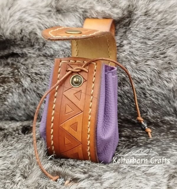 Small Leather Pouch "Triangles" - Brown and Violet