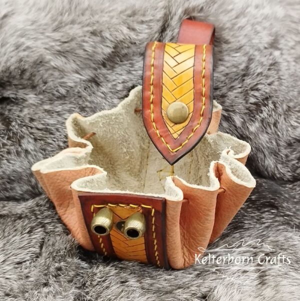 Small Leather Pouch "Fishbone" - Brown, Yellow and Orange