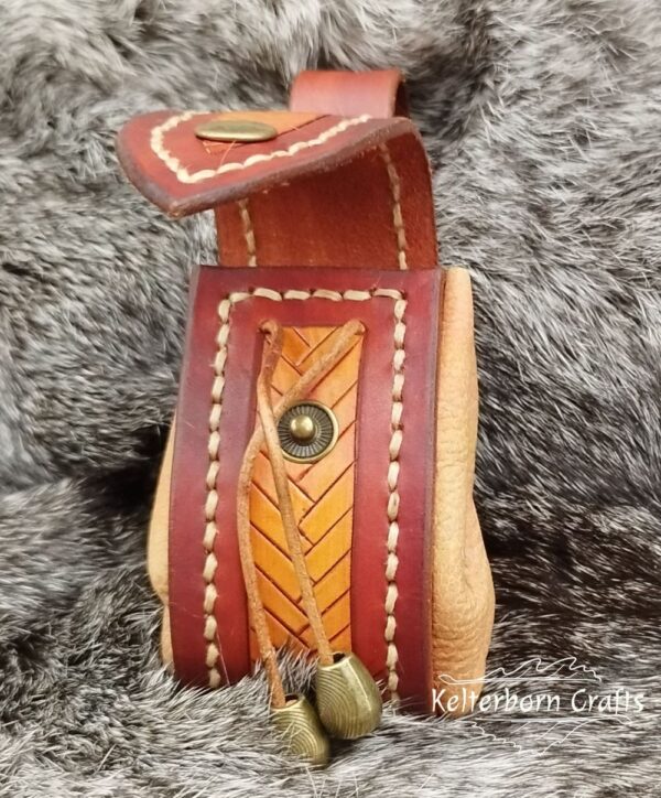 Small Leather Pouch "Fishbone" - Brown and Orange