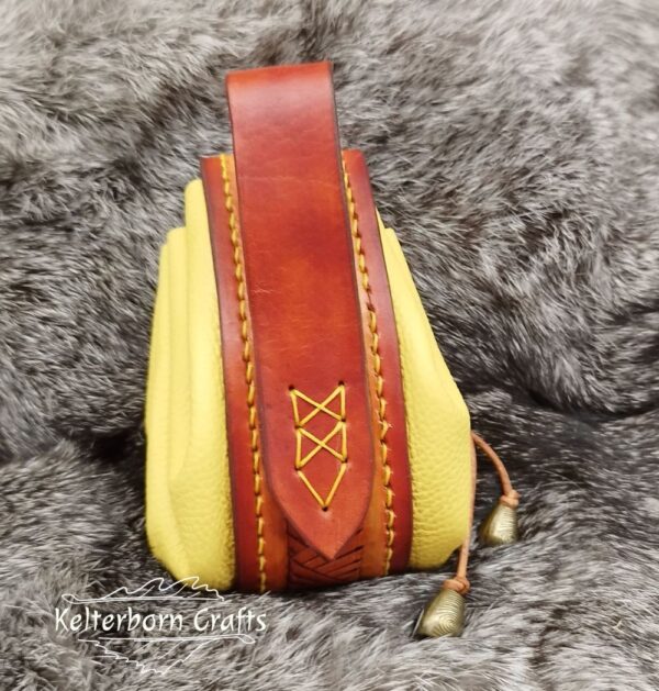 Medium Sized Leather Pouch "Nordic Triangles" - Brown and Yellow