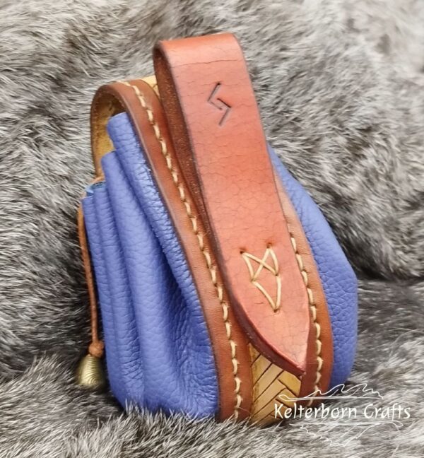 Small Leather Pouch "Fishbone" - Brown and Blue