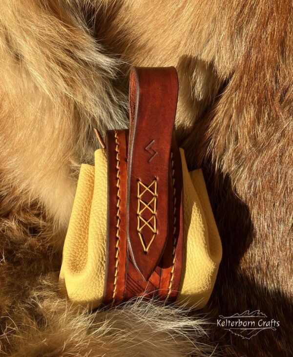 Medium Sized Leather Pouch "Geometry" - Brown and Yellow