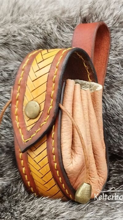 Small Leather Pouch "Fishbone" - Brown, Yellow and Orange