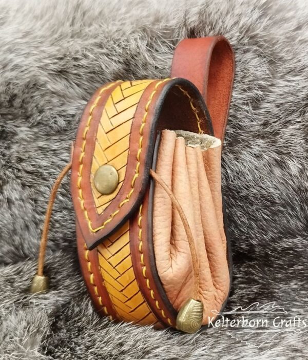 Small Leather Pouch "Fishbone" - Brown, Yellow and Orange