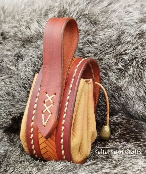 Small Leather Pouch "Fishbone" - Brown and Orange