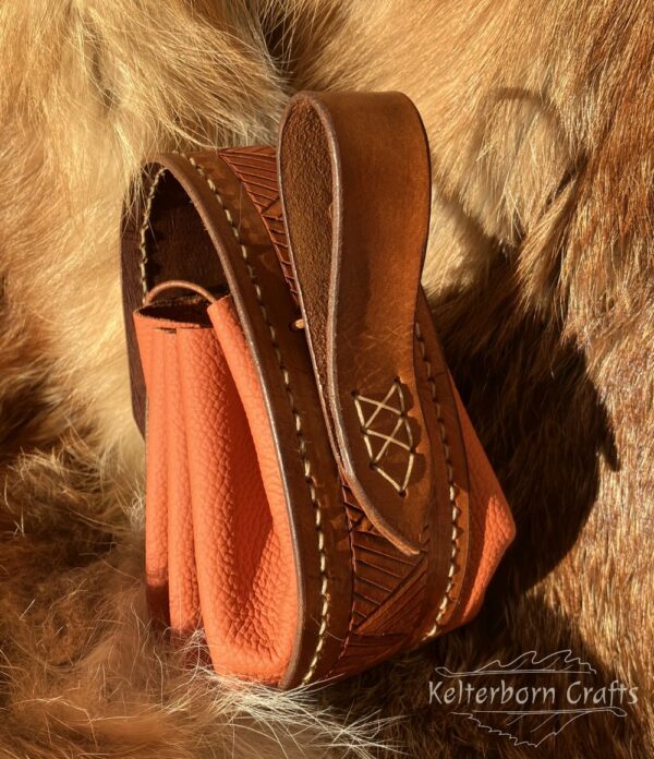 Big Leather Pouch "Nordic Triangles" - Brown and Orange