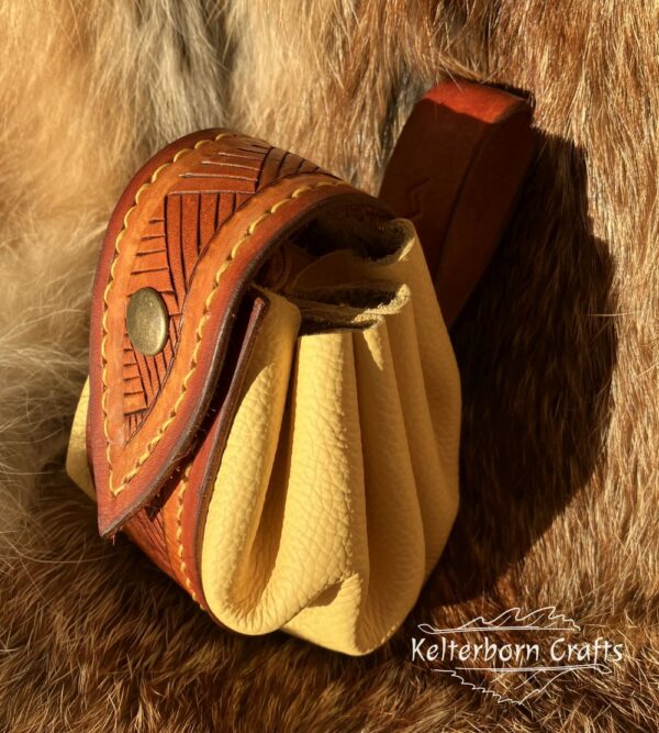 Medium Sized Leather Pouch "Nordic Triangles" - Brown and Yellow