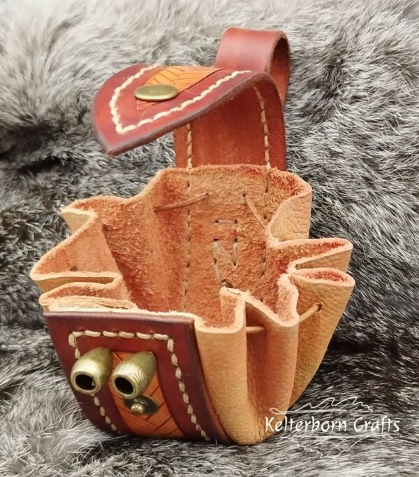 Small Leather Pouch "Fishbone" - Brown and Orange