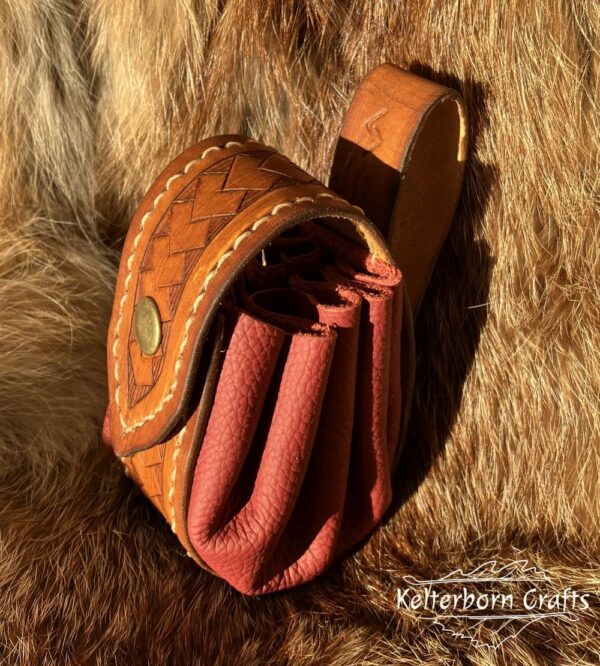 Small Leather Pouch "Geometric" - Brown and Red